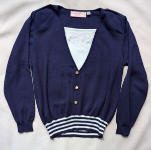 Vintage Country Girl Petites Nautical Navy Sweater Gold Crest Buttons Size M